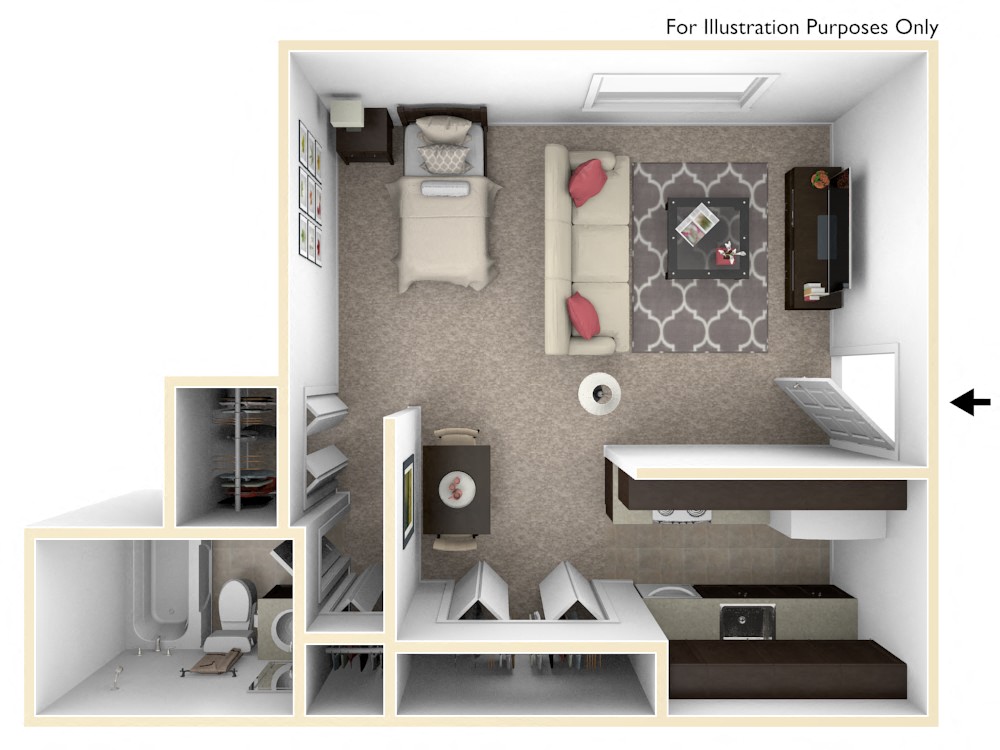 Floor plan for studio, 1 bath, 490 sqft
